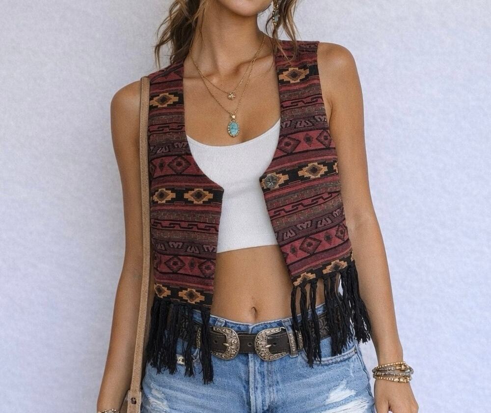 Western BCBG Generation Boho Fringe Vest Tribal Print Sleeveless Festival M